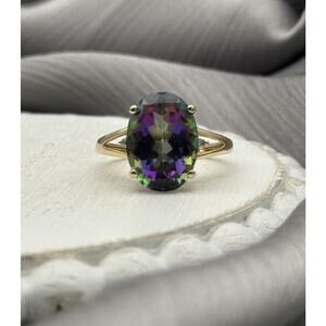 QCD 14k Yellow Gold Mystic Topaz Gemstone & 2 Diamonds Cocktail Sz 7 Ring